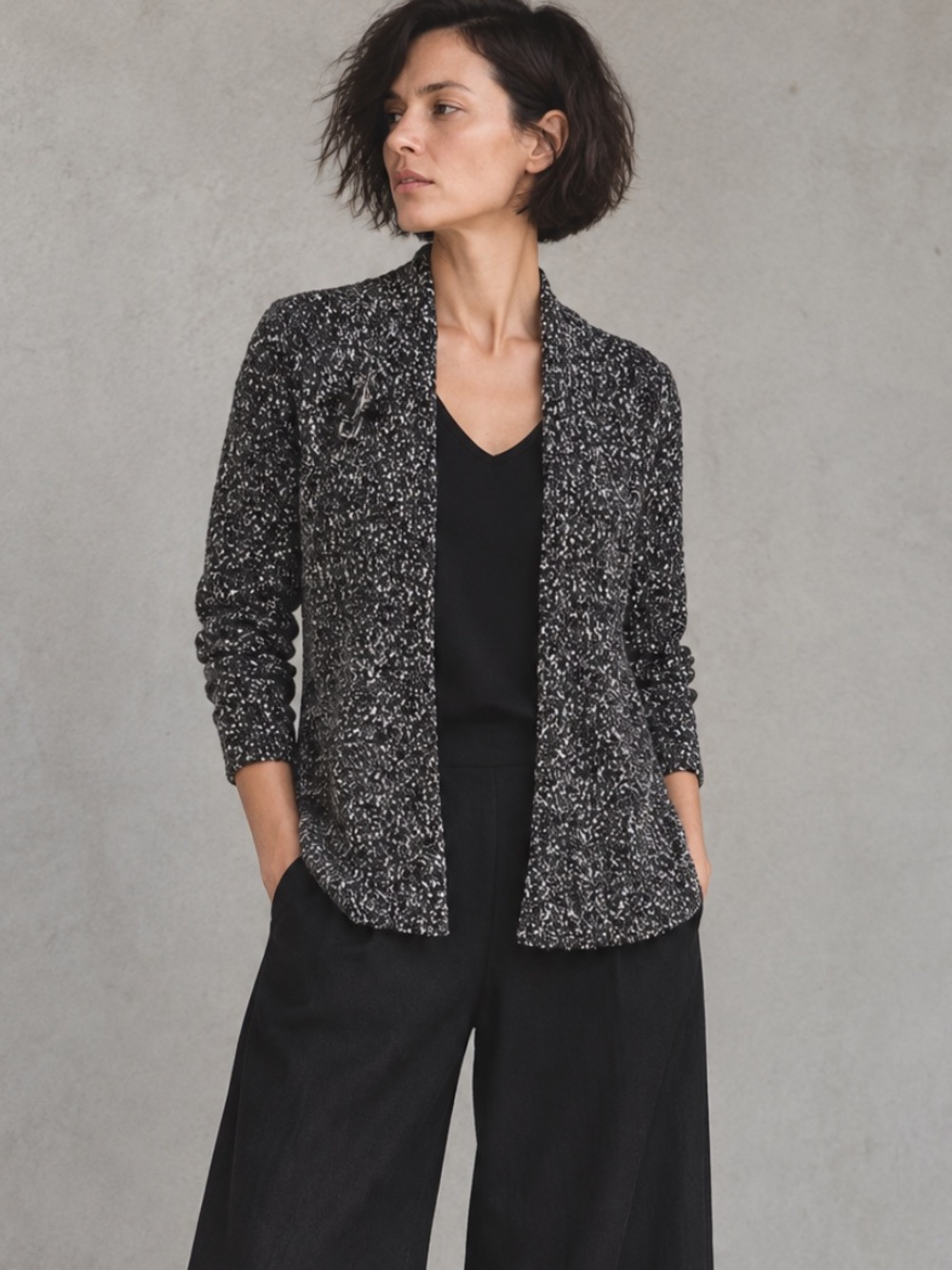 Eileen Fisher Cotton Tweed Knit Open Front Cardigan Decorative Pin Size S/P
